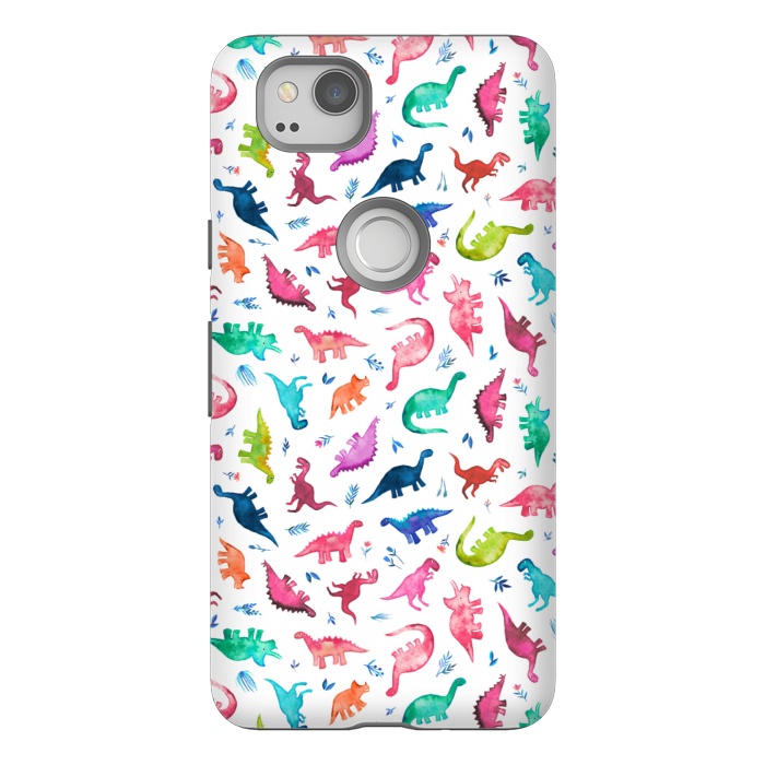Pixel 2 StrongFit Tiny Ditsy Watercolor Dinosaurs in Rainbow Colors by Micklyn Le Feuvre