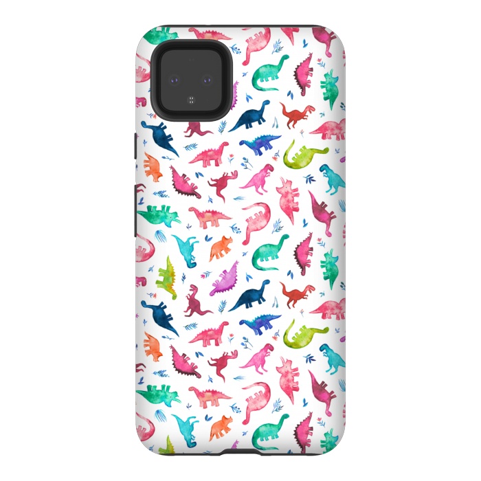 Pixel 4XL StrongFit Tiny Ditsy Watercolor Dinosaurs in Rainbow Colors by Micklyn Le Feuvre
