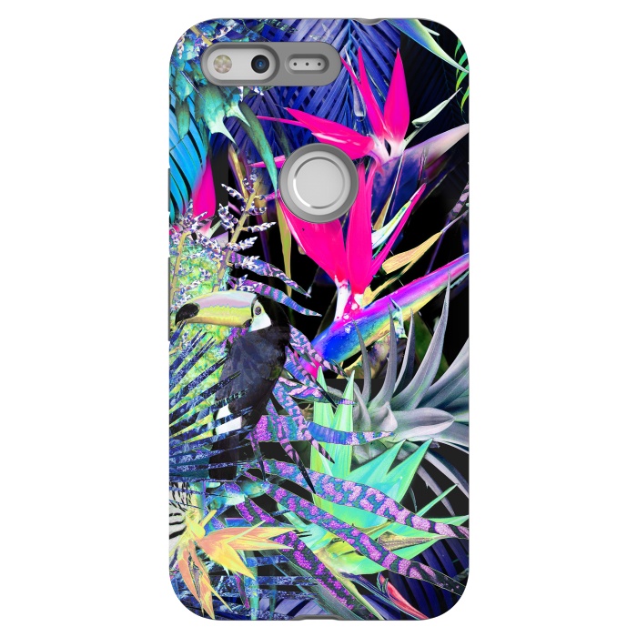 Pixel StrongFit Colorful neon toucan and strelitzia jungle pattern by Oana 