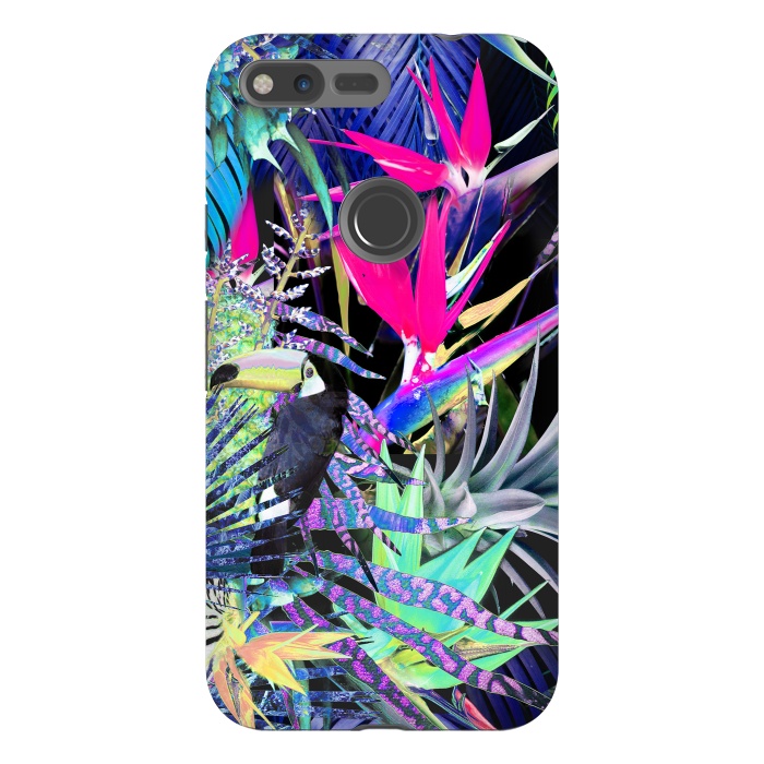 Pixel XL StrongFit Colorful neon toucan and strelitzia jungle pattern by Oana 