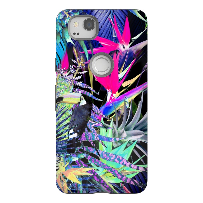 Pixel 2 StrongFit Colorful neon toucan and strelitzia jungle pattern by Oana 