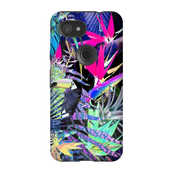 Pixel 3A StrongFit Colorful neon toucan and strelitzia jungle pattern by Oana 
