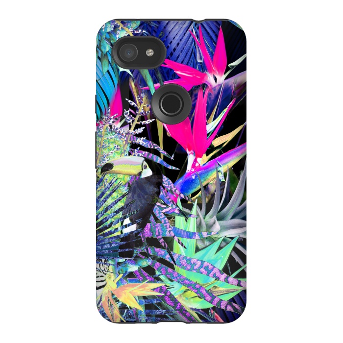 Pixel 3AXL StrongFit Colorful neon toucan and strelitzia jungle pattern by Oana 