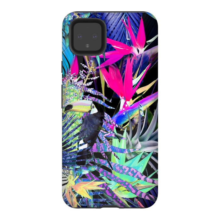 Pixel 4XL StrongFit Colorful neon toucan and strelitzia jungle pattern by Oana 