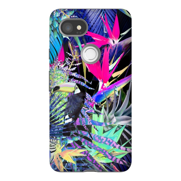 Pixel 2XL StrongFit Colorful neon toucan and strelitzia jungle pattern by Oana 