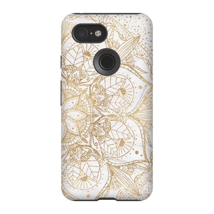 Pixel 3 StrongFit Trendy Gold Floral Mandala Marble Design by InovArts