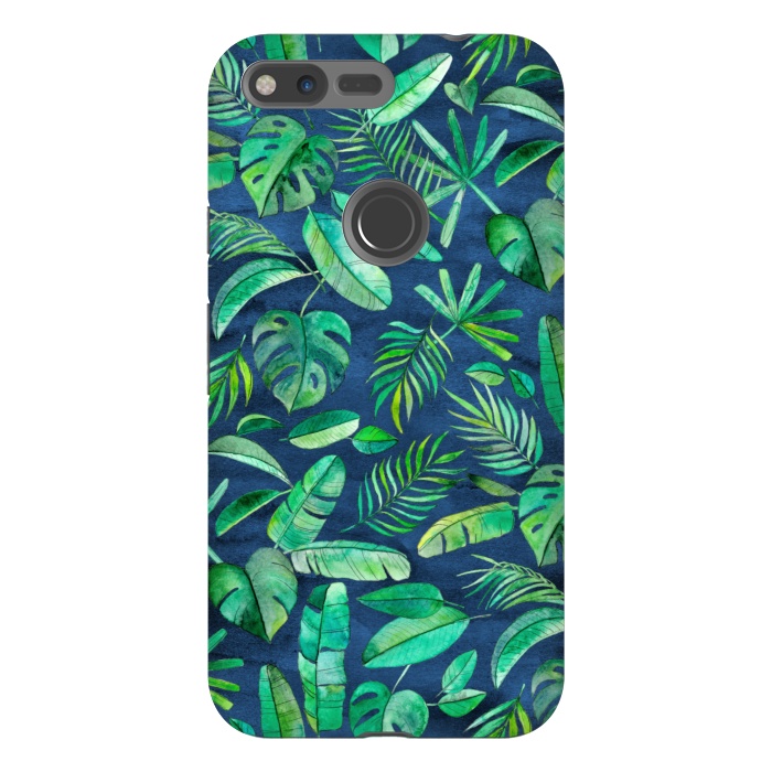 Pixel XL StrongFit Emerald Tropical Leaf Scatter on textured Navy Blue by Micklyn Le Feuvre