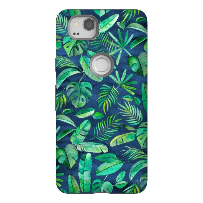Pixel 2 StrongFit Emerald Tropical Leaf Scatter on textured Navy Blue by Micklyn Le Feuvre