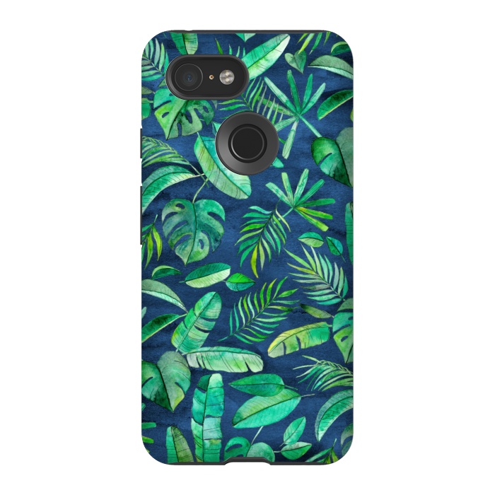 Pixel 3 StrongFit Emerald Tropical Leaf Scatter on textured Navy Blue by Micklyn Le Feuvre