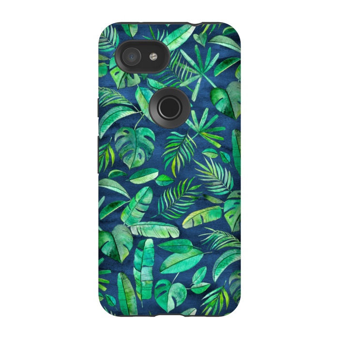 Pixel 3A StrongFit Emerald Tropical Leaf Scatter on textured Navy Blue by Micklyn Le Feuvre