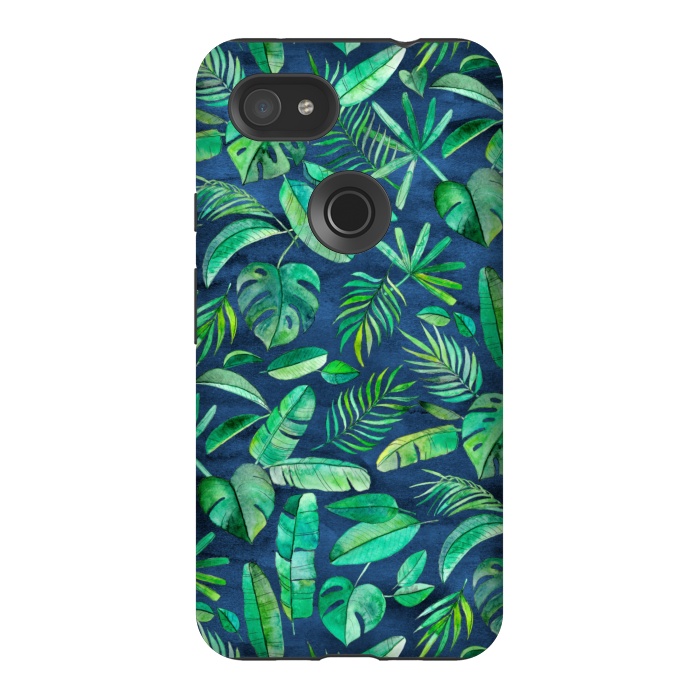 Pixel 3AXL StrongFit Emerald Tropical Leaf Scatter on textured Navy Blue by Micklyn Le Feuvre