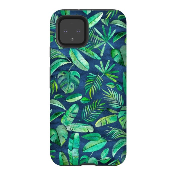Pixel 4 StrongFit Emerald Tropical Leaf Scatter on textured Navy Blue by Micklyn Le Feuvre