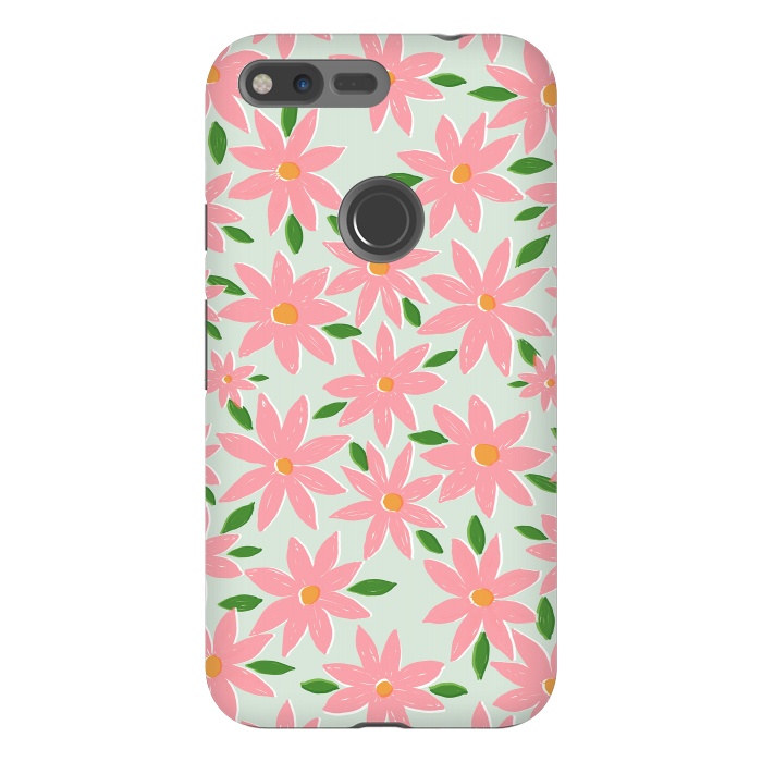 Pixel XL StrongFit Pretty Hand Paint Pink Daisy Flowers Mint Design by InovArts