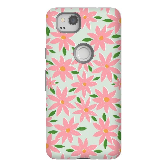 Pixel 2 StrongFit Pretty Hand Paint Pink Daisy Flowers Mint Design by InovArts