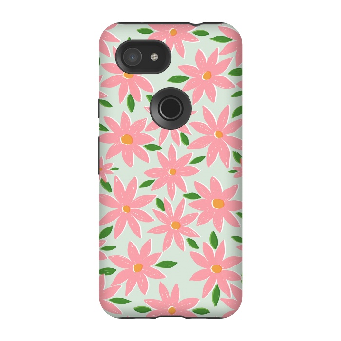 Pixel 3A StrongFit Pretty Hand Paint Pink Daisy Flowers Mint Design by InovArts