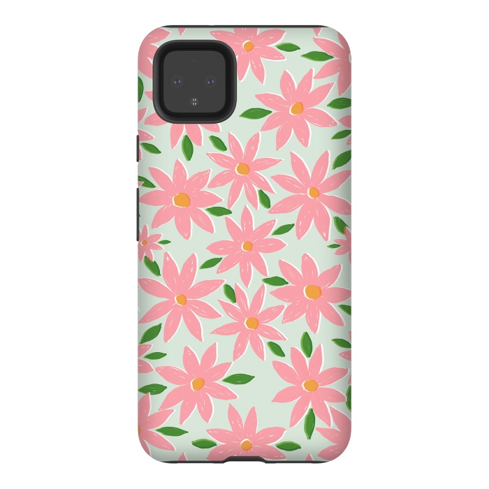 Pixel 4XL StrongFit Pretty Hand Paint Pink Daisy Flowers Mint Design by InovArts