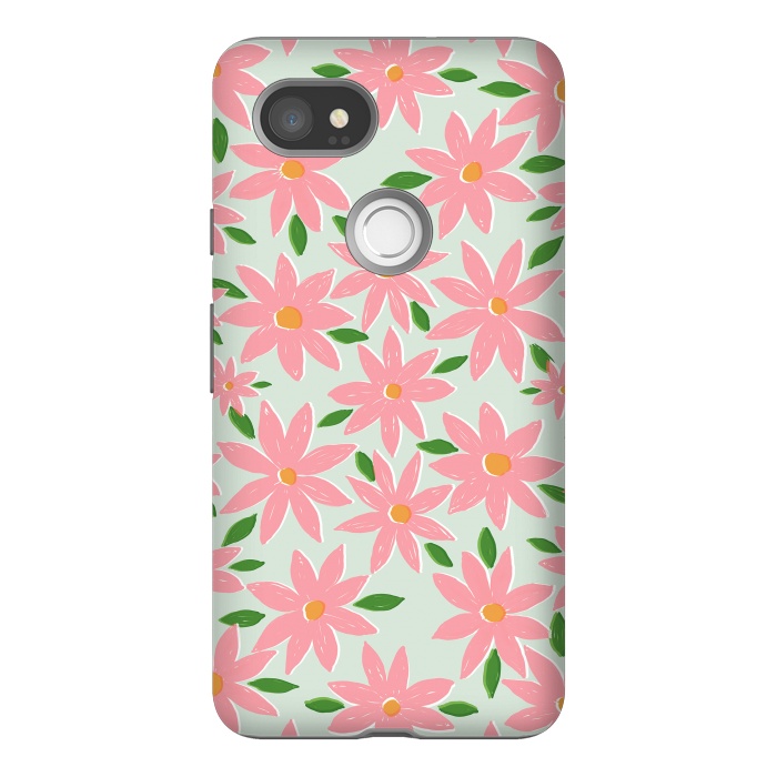 Pixel 2XL StrongFit Pretty Hand Paint Pink Daisy Flowers Mint Design by InovArts