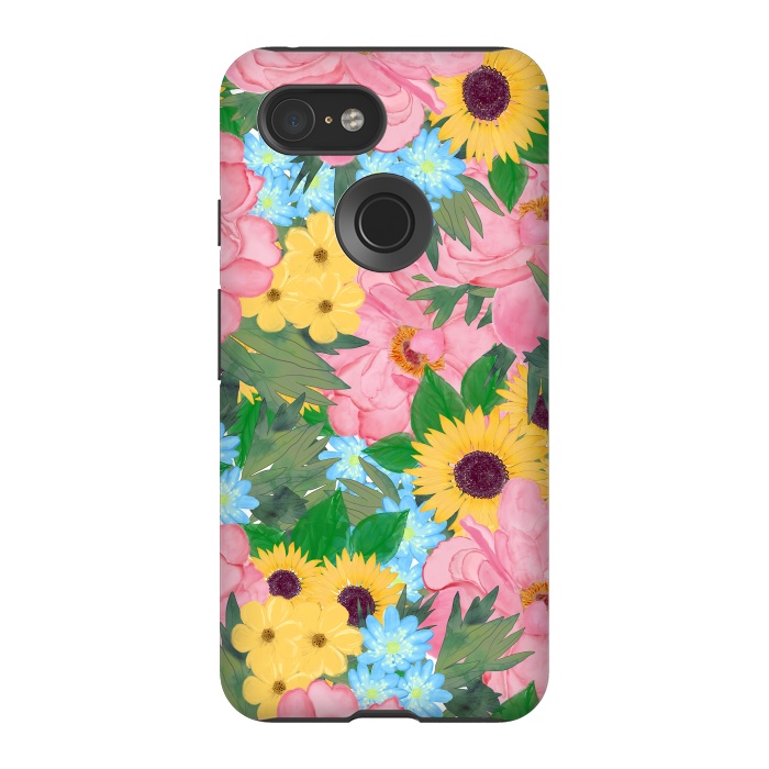 Pixel 3 StrongFit Trendy Pink Peonies Yellow Sunflowers Watercolor paint by InovArts