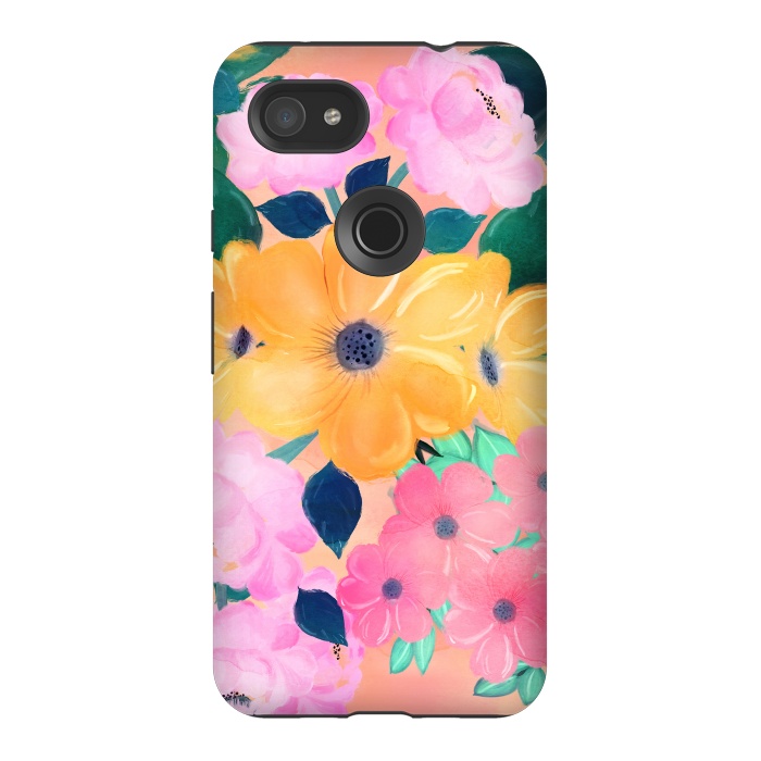 Pixel 3AXL StrongFit Trendy Pink Peonies Yellow Sunflowers Watercolor paint by InovArts