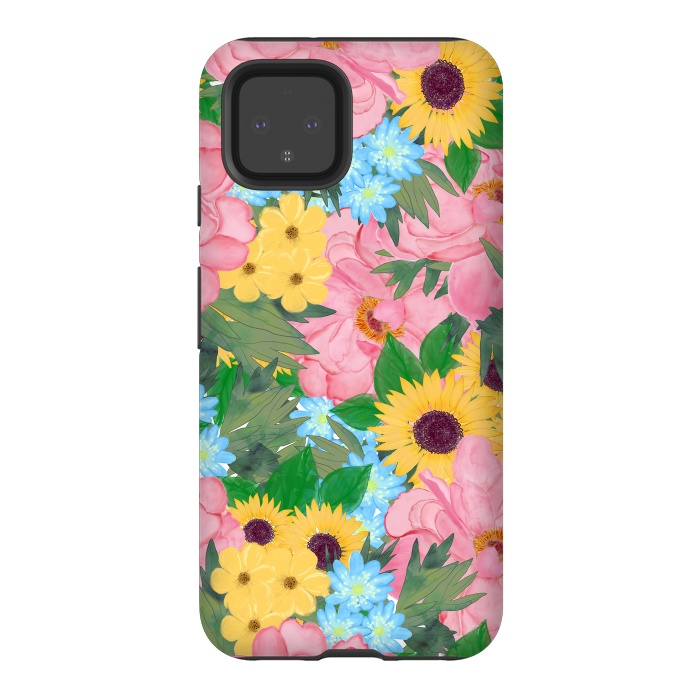 Pixel 4 StrongFit Trendy Pink Peonies Yellow Sunflowers Watercolor paint by InovArts