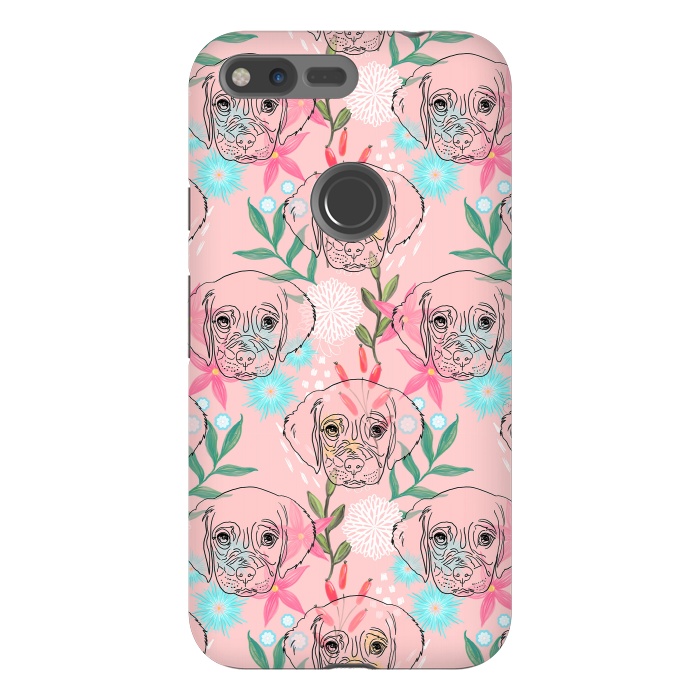 Pixel XL StrongFit Cute Puppy Dog and Flowers Pink Creative Art by InovArts