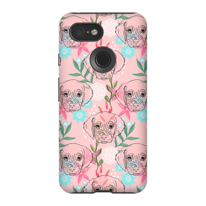 Pixel 3 StrongFit Cute Puppy Dog and Flowers Pink Creative Art by InovArts