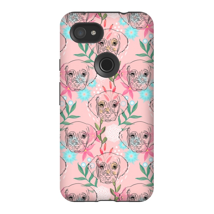 Pixel 3AXL StrongFit Cute Puppy Dog and Flowers Pink Creative Art by InovArts