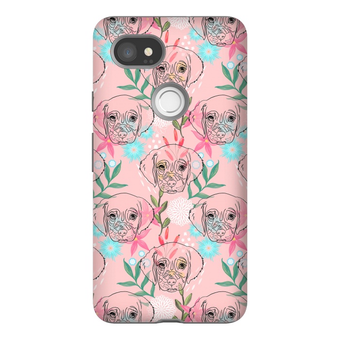 Pixel 2XL StrongFit Cute Puppy Dog and Flowers Pink Creative Art by InovArts