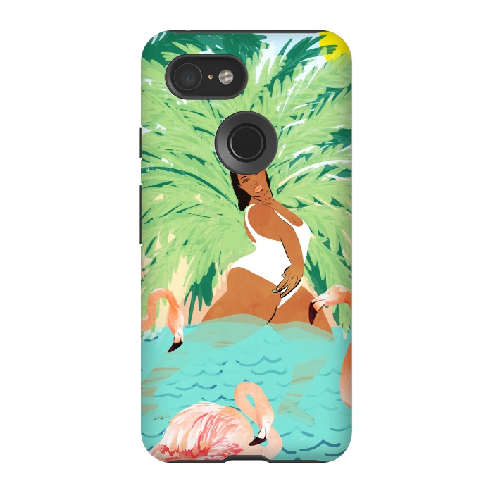Pixel 3 StrongFit Tropical Summer Water Yoga with Palm & Flamingos | Woman of Color Black Woman Body Positivity by Uma Prabhakar Gokhale