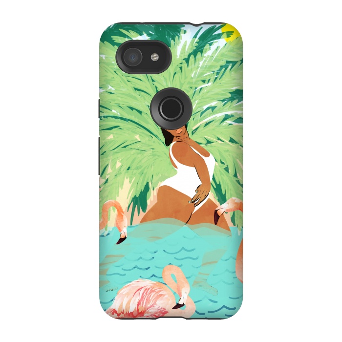 Pixel 3A StrongFit Tropical Summer Water Yoga with Palm & Flamingos | Woman of Color Black Woman Body Positivity by Uma Prabhakar Gokhale