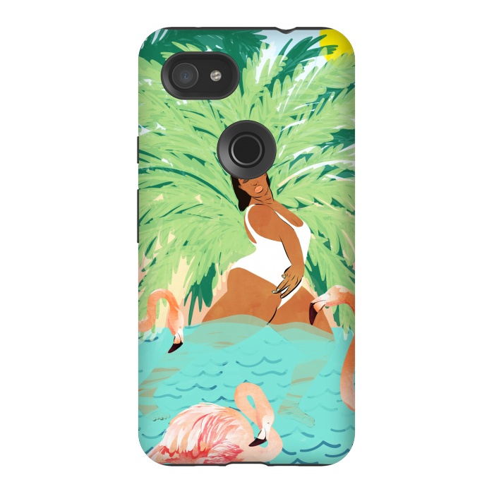 Pixel 3AXL StrongFit Tropical Summer Water Yoga with Palm & Flamingos | Woman of Color Black Woman Body Positivity by Uma Prabhakar Gokhale