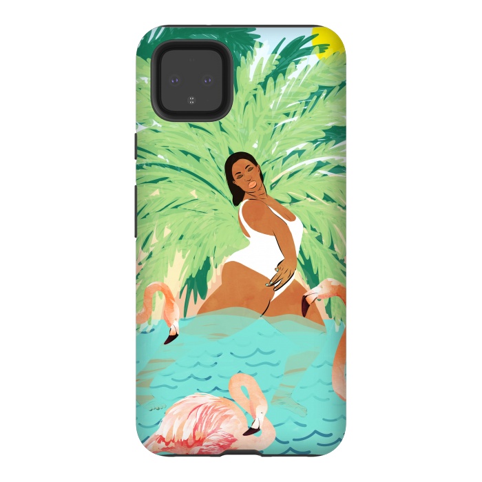 Pixel 4XL StrongFit Tropical Summer Water Yoga with Palm & Flamingos | Woman of Color Black Woman Body Positivity by Uma Prabhakar Gokhale