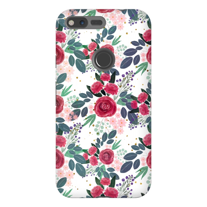 Pixel XL StrongFit Cute Rose Pink Peonies Watercolor Paint Gold Dots Design by InovArts