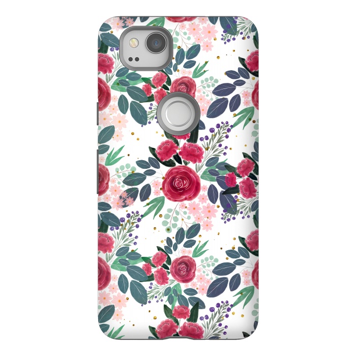 Pixel 2 StrongFit Cute Rose Pink Peonies Watercolor Paint Gold Dots Design by InovArts