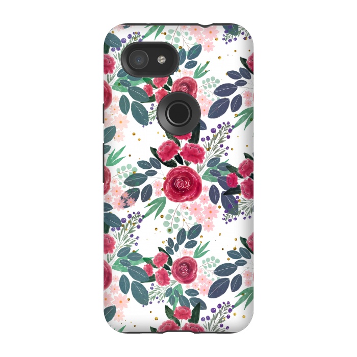 Pixel 3A StrongFit Cute Rose Pink Peonies Watercolor Paint Gold Dots Design by InovArts