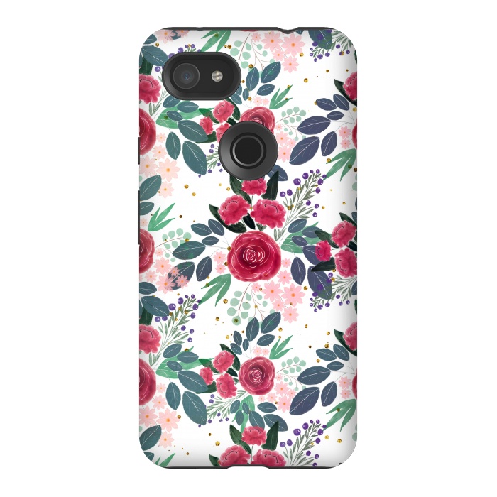 Pixel 3AXL StrongFit Cute Rose Pink Peonies Watercolor Paint Gold Dots Design by InovArts