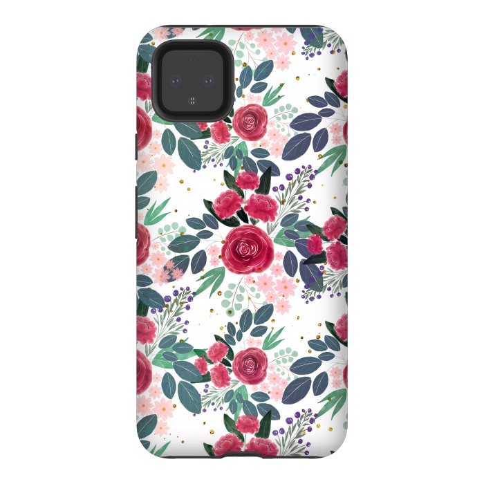Pixel 4XL StrongFit Cute Rose Pink Peonies Watercolor Paint Gold Dots Design by InovArts