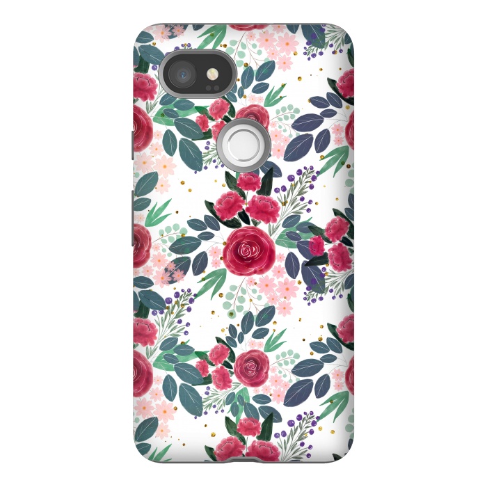 Pixel 2XL StrongFit Cute Rose Pink Peonies Watercolor Paint Gold Dots Design by InovArts
