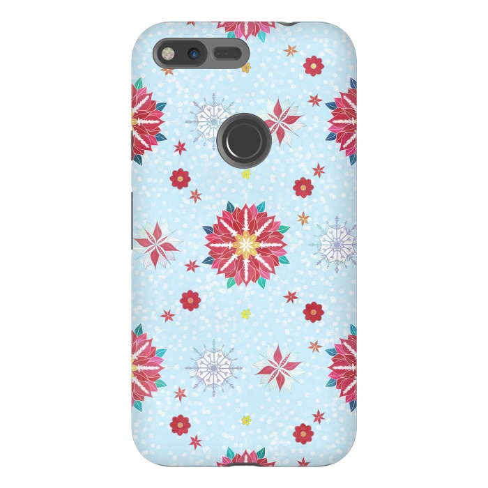 Pixel XL StrongFit Trendy Winter Red Poinsettias White Snowflakes Pattern by InovArts
