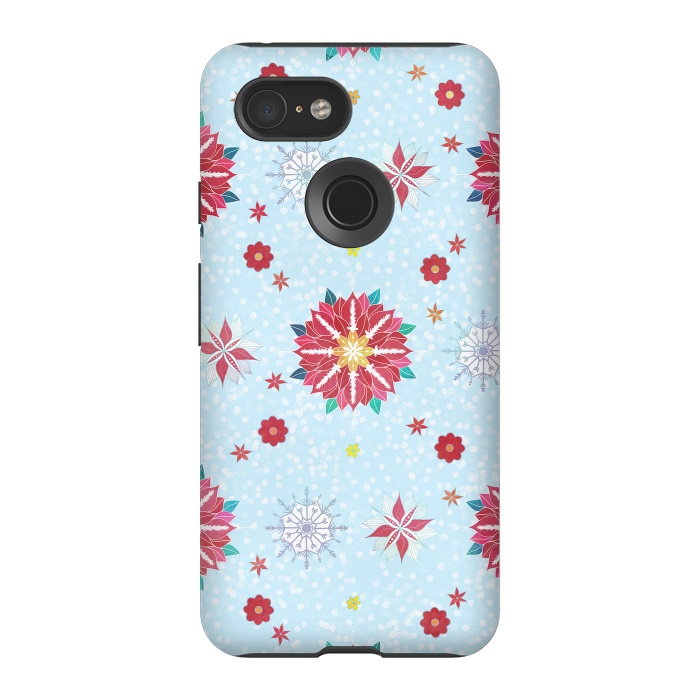 Pixel 3 StrongFit Trendy Winter Red Poinsettias White Snowflakes Pattern by InovArts