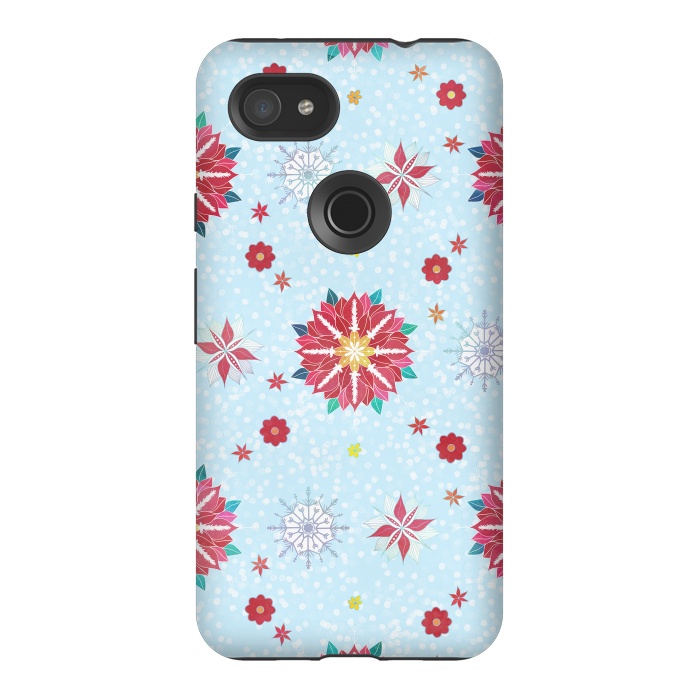 Pixel 3AXL StrongFit Trendy Winter Red Poinsettias White Snowflakes Pattern by InovArts