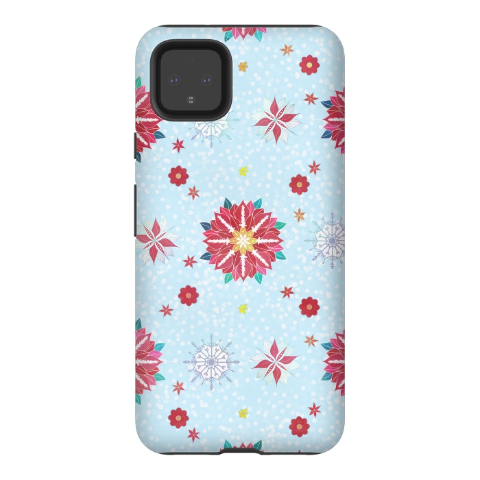 Pixel 4XL StrongFit Trendy Winter Red Poinsettias White Snowflakes Pattern by InovArts