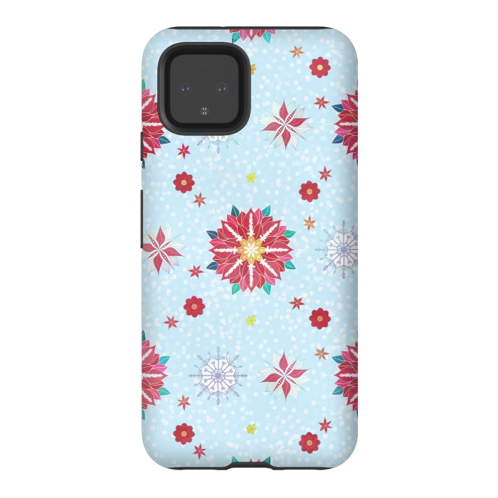 Pixel 4 StrongFit Trendy Winter Red Poinsettias White Snowflakes Pattern by InovArts