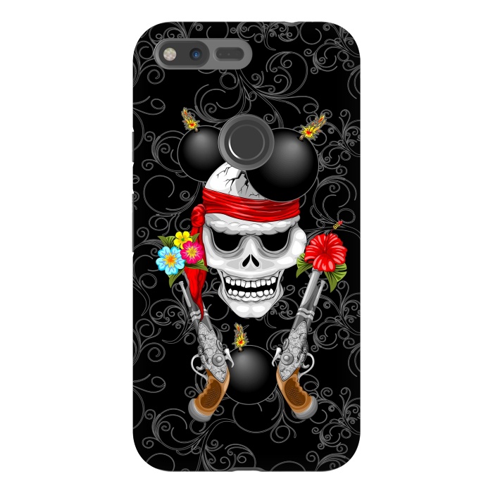Pixel XL StrongFit Pirate Skull, Ancient Guns, Flowers and Cannonballs by BluedarkArt