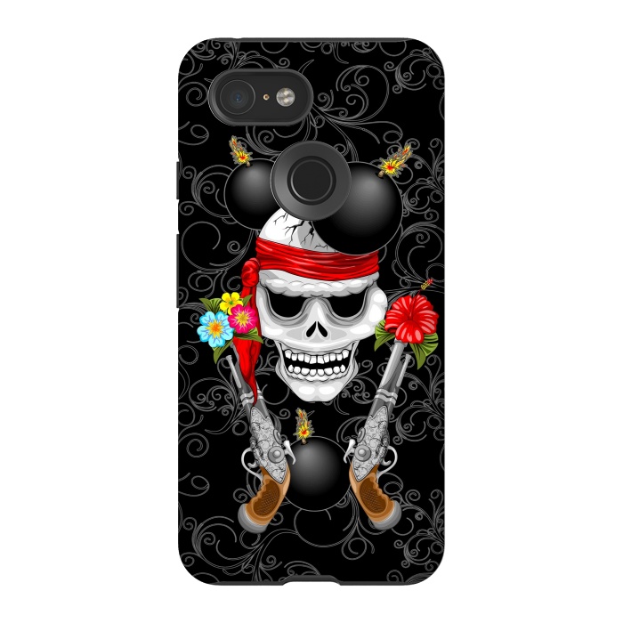 Pixel 3 StrongFit Pirate Skull, Ancient Guns, Flowers and Cannonballs by BluedarkArt