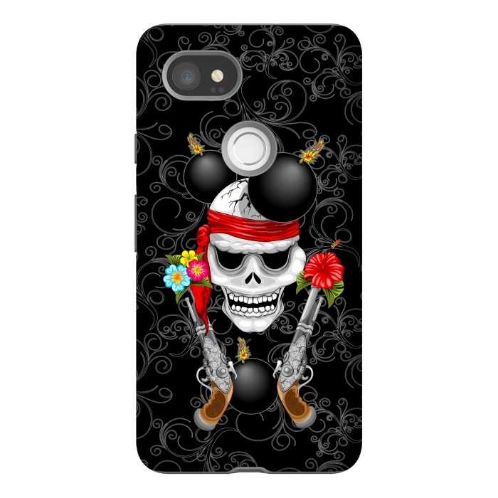 Pixel 2XL StrongFit Pirate Skull, Ancient Guns, Flowers and Cannonballs by BluedarkArt