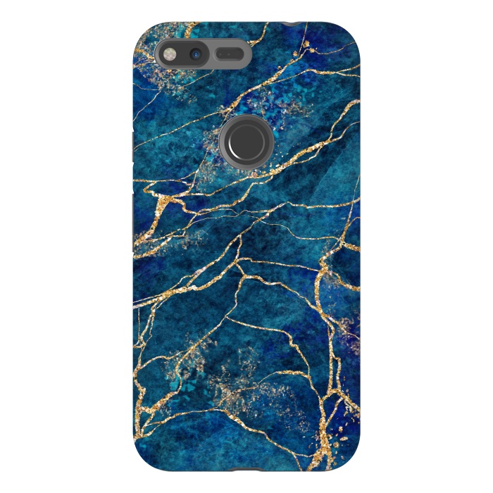 Pixel XL StrongFit Blue Marble with Gold Glitter Veins Fake Stone Texture by ArtsCase