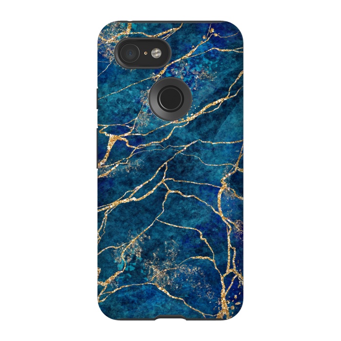 Pixel 3 StrongFit Blue Marble with Gold Glitter Veins Fake Stone Texture by ArtsCase