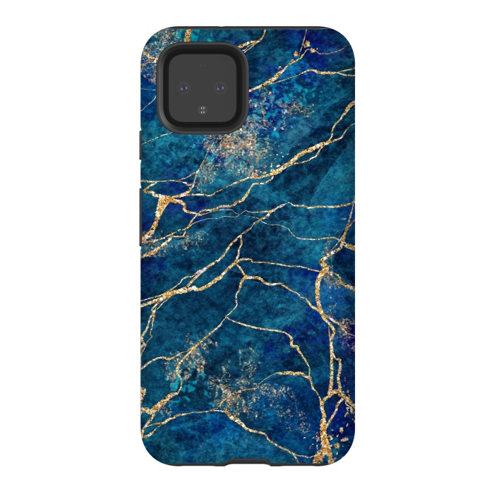 Pixel 4 StrongFit Blue Marble with Gold Glitter Veins Fake Stone Texture by ArtsCase