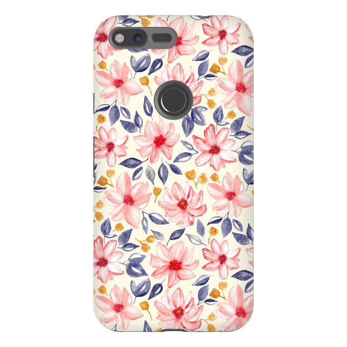 Pixel XL StrongFit Navy, Gold & Pink Watercolor Floral - Cream  by Tigatiga
